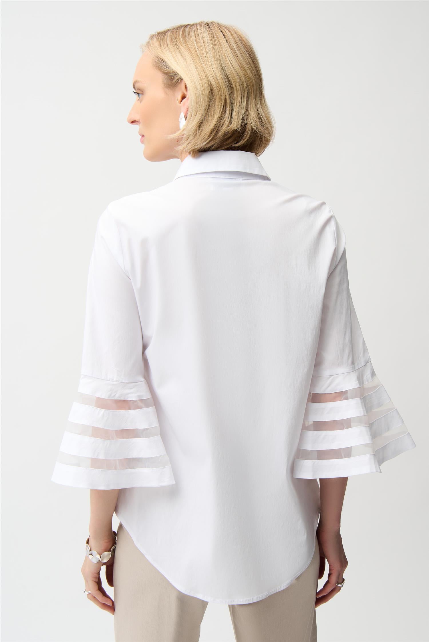Stretch Poplin Straight Blouse with Organza Bell Sleeves White