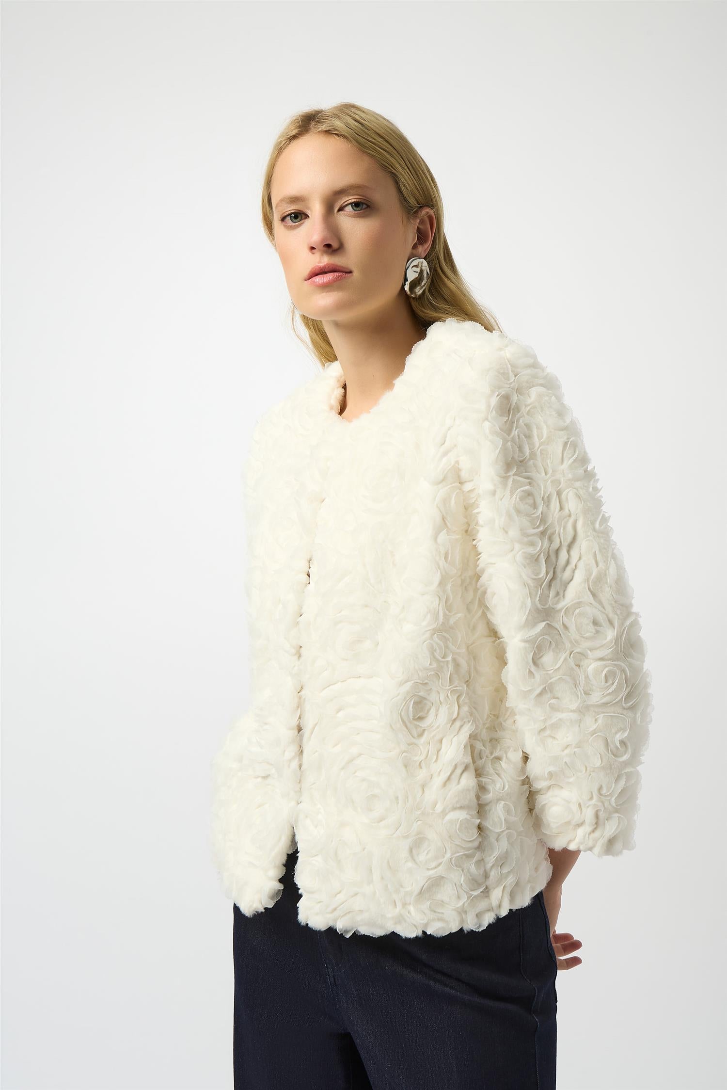 Embroidered Faux Fur Collarless Jacket Vanilla