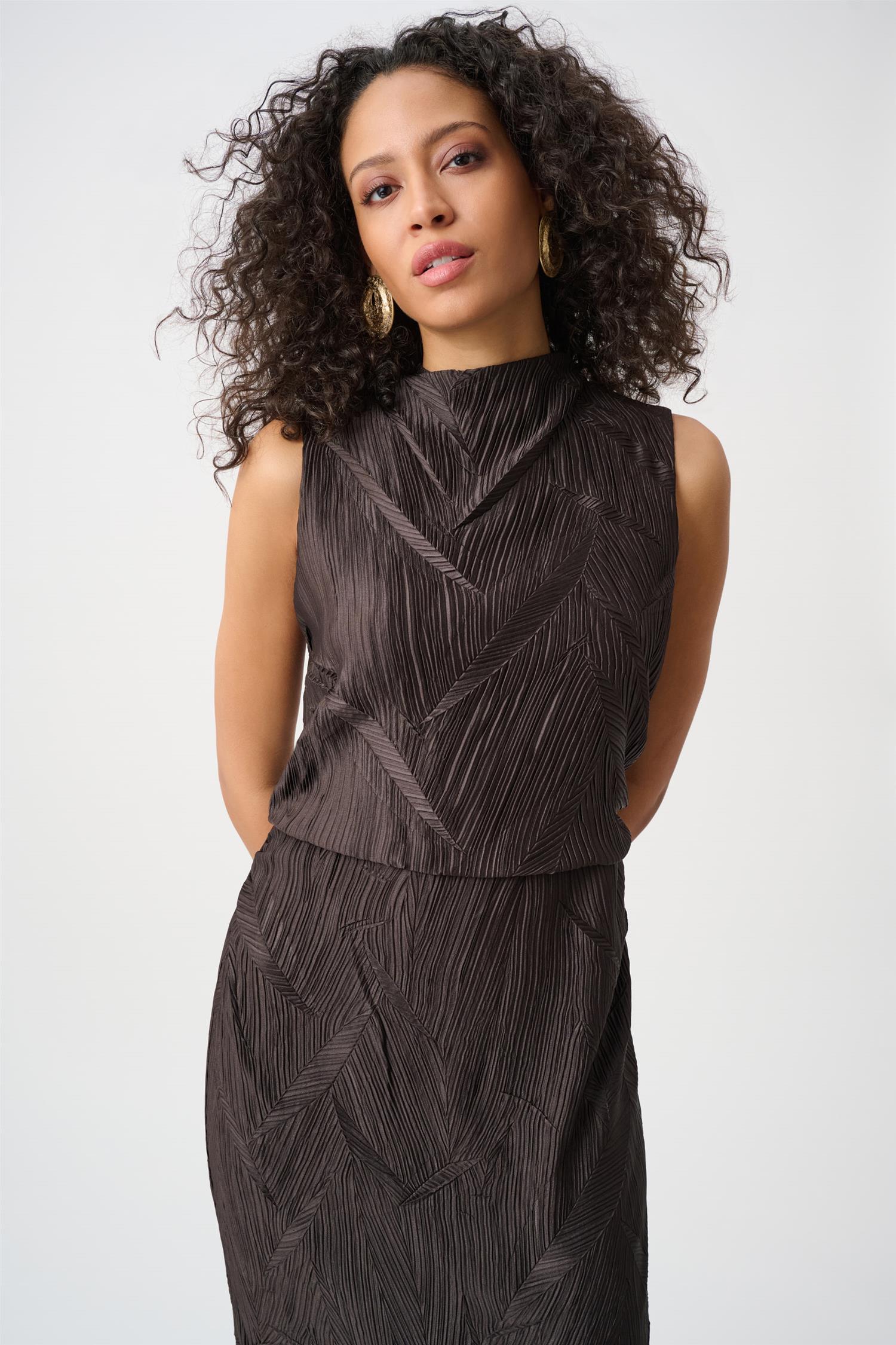 Pleated Satin Sleeveless Midi Dress Mocha