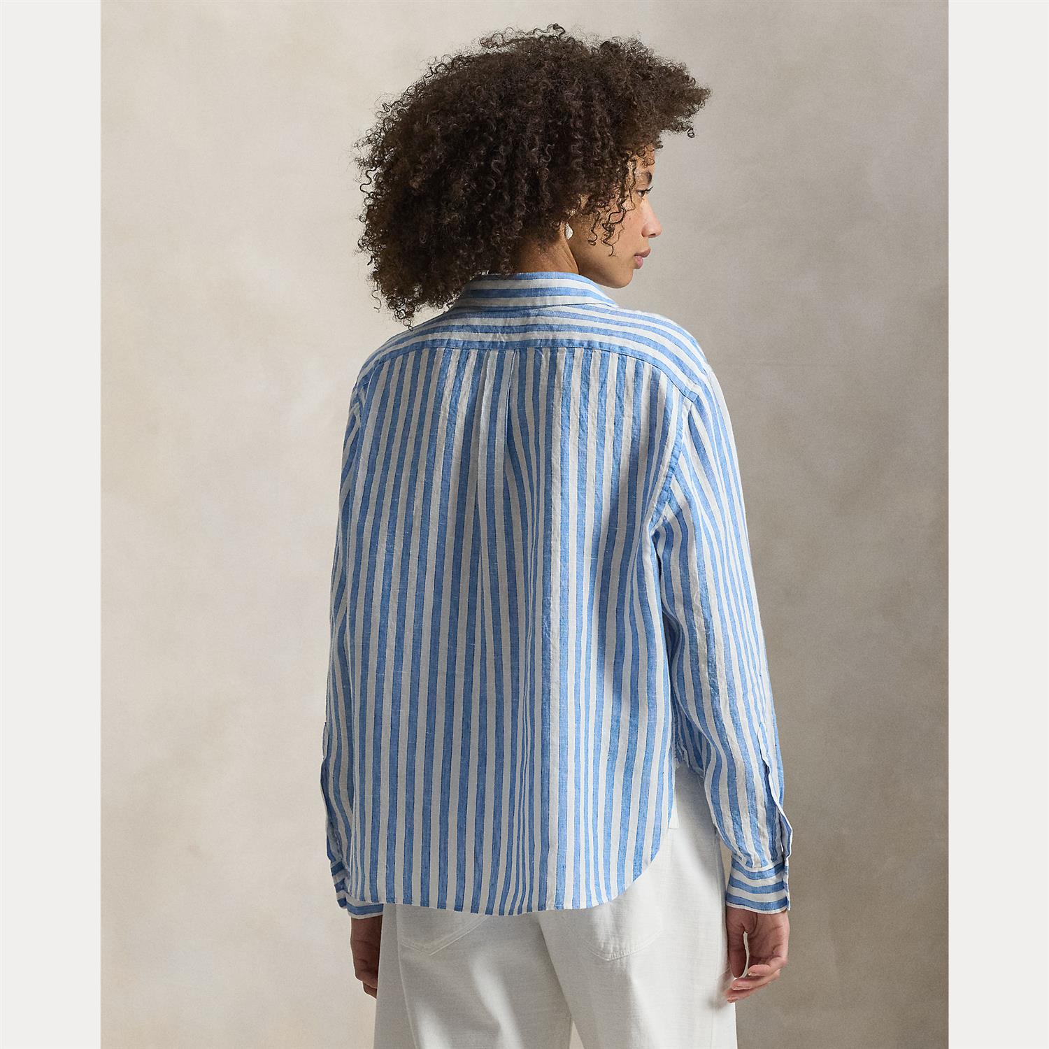 Wide Cropped Striped Linen Shit White Blue Multi