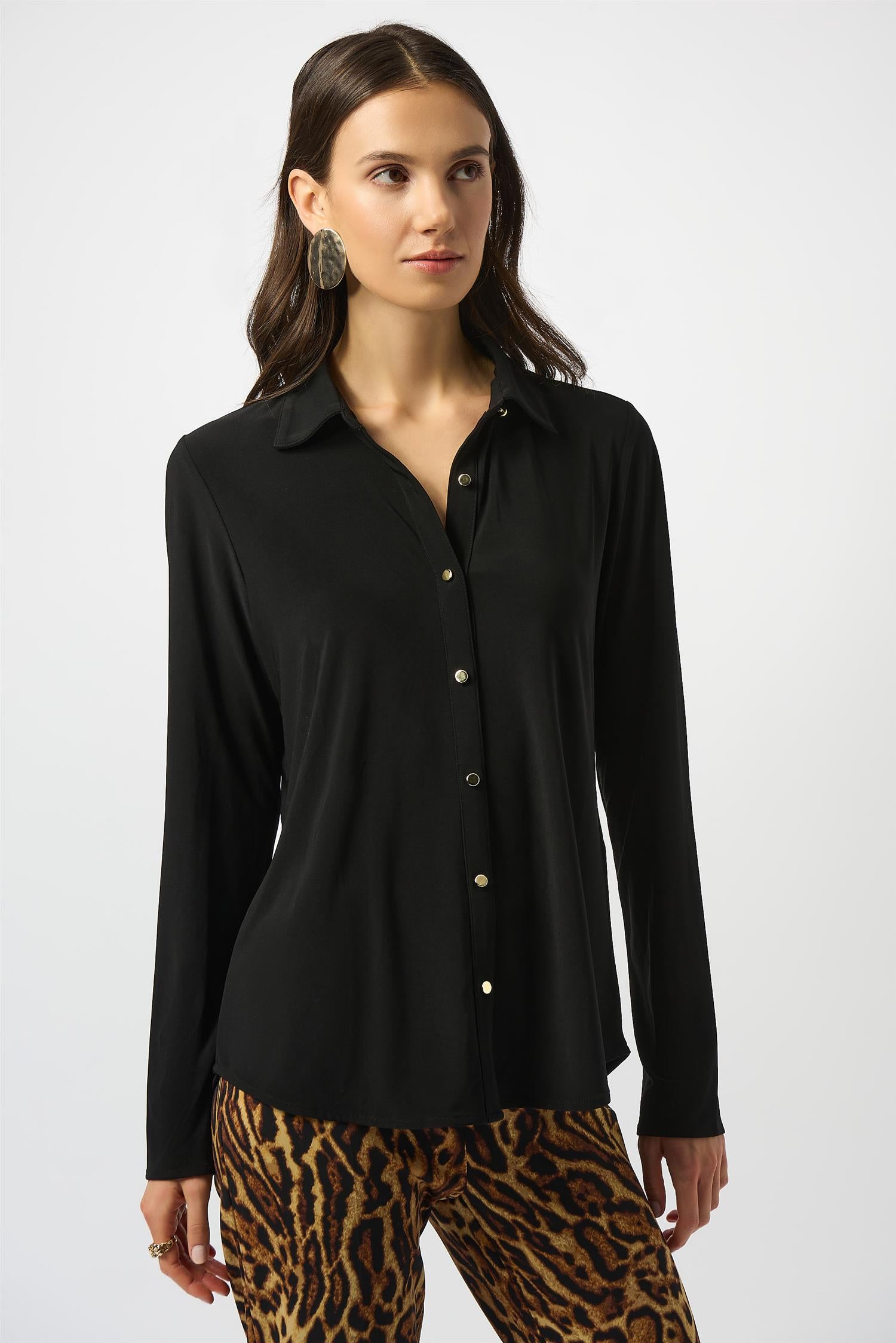Silky Knit Button-Front Straight Blouse Black