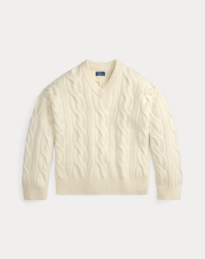 Cable-Knit Wool-Cashmere V-Neck Jumper Authentic Creme