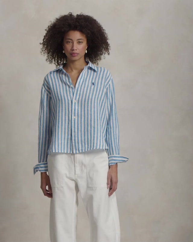 Wide Cropped Striped Linen Shit White Blue Multi