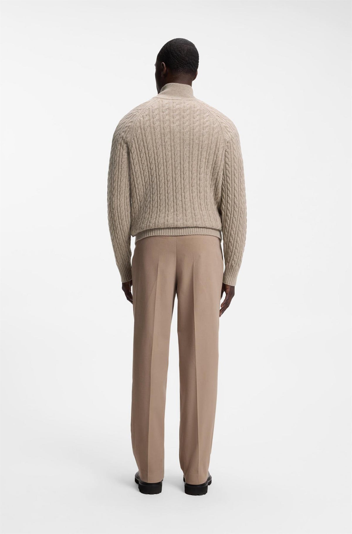 H-Furore Zip Neck Sweater with Cable Pattern Light Brown
