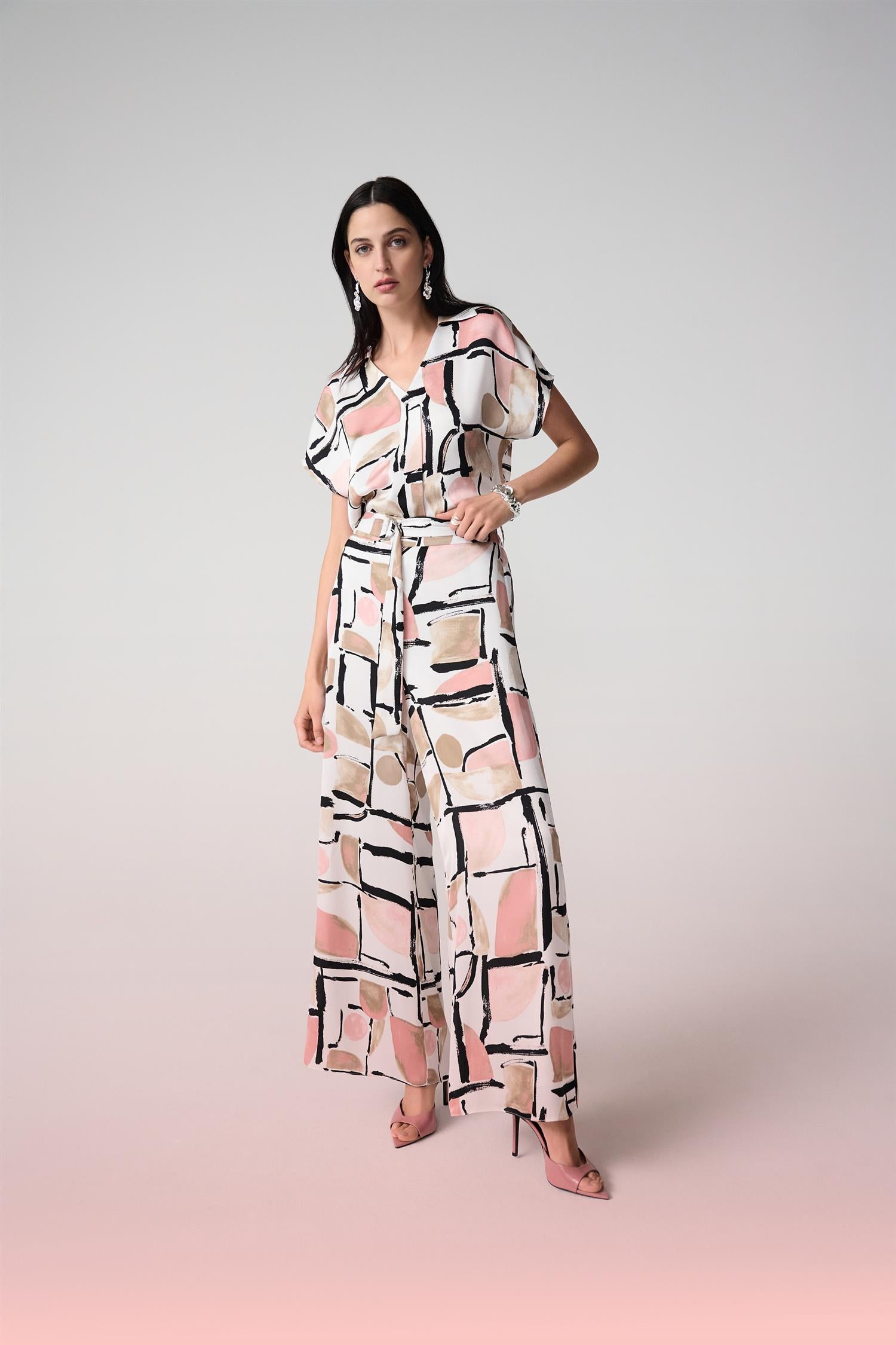 Recycled Satin Abstract Print Wide Leg Pull-On Pants Vanilla/Multi