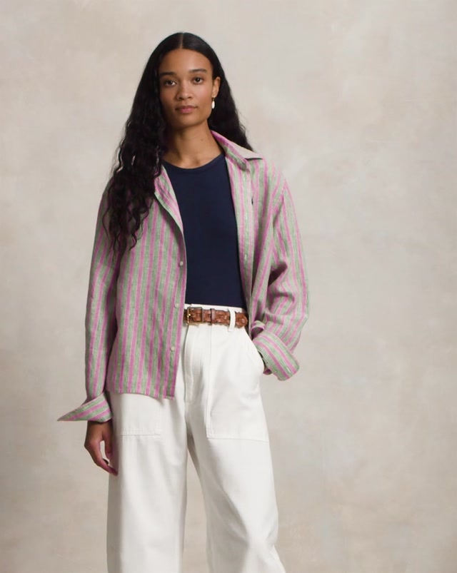 Wide Cropped Striped Linen Shirt Berry Green Multi
