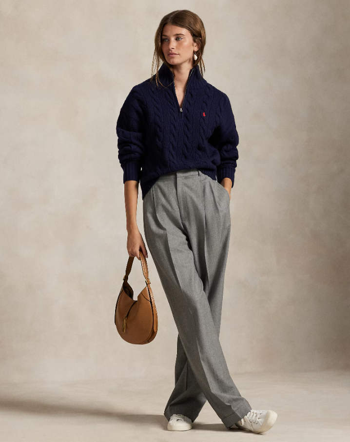 Cable Knit Pullover with Zip Wool Cashmere Navy