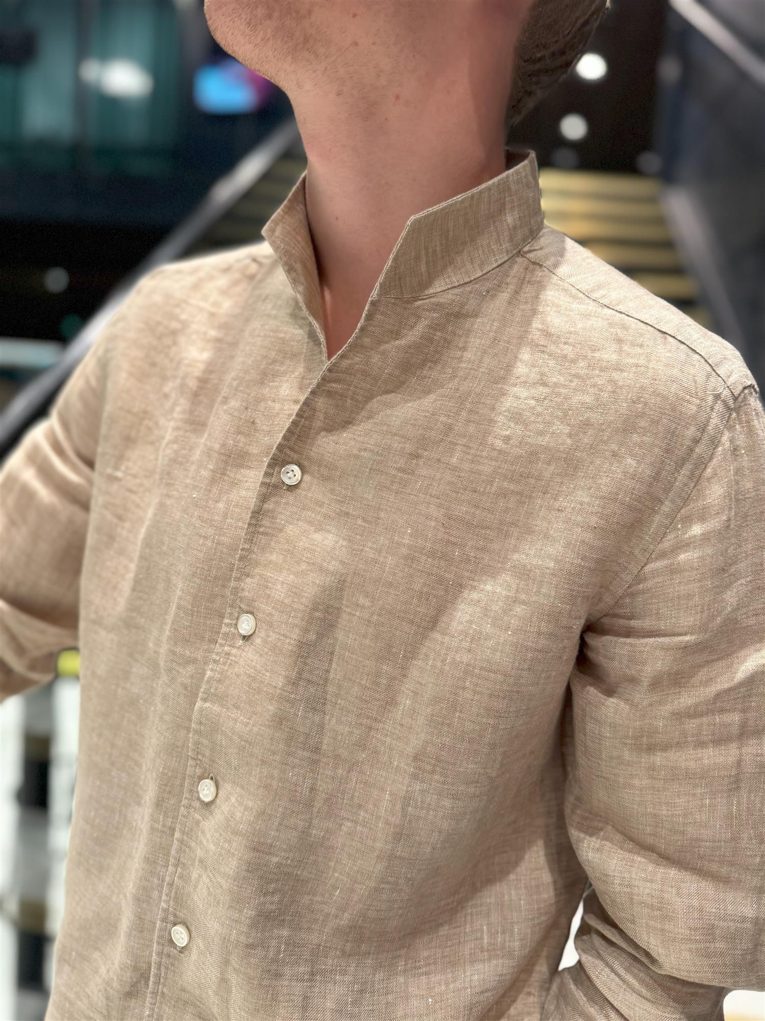 NO COLLAR LINEN SHIRT KHAKI