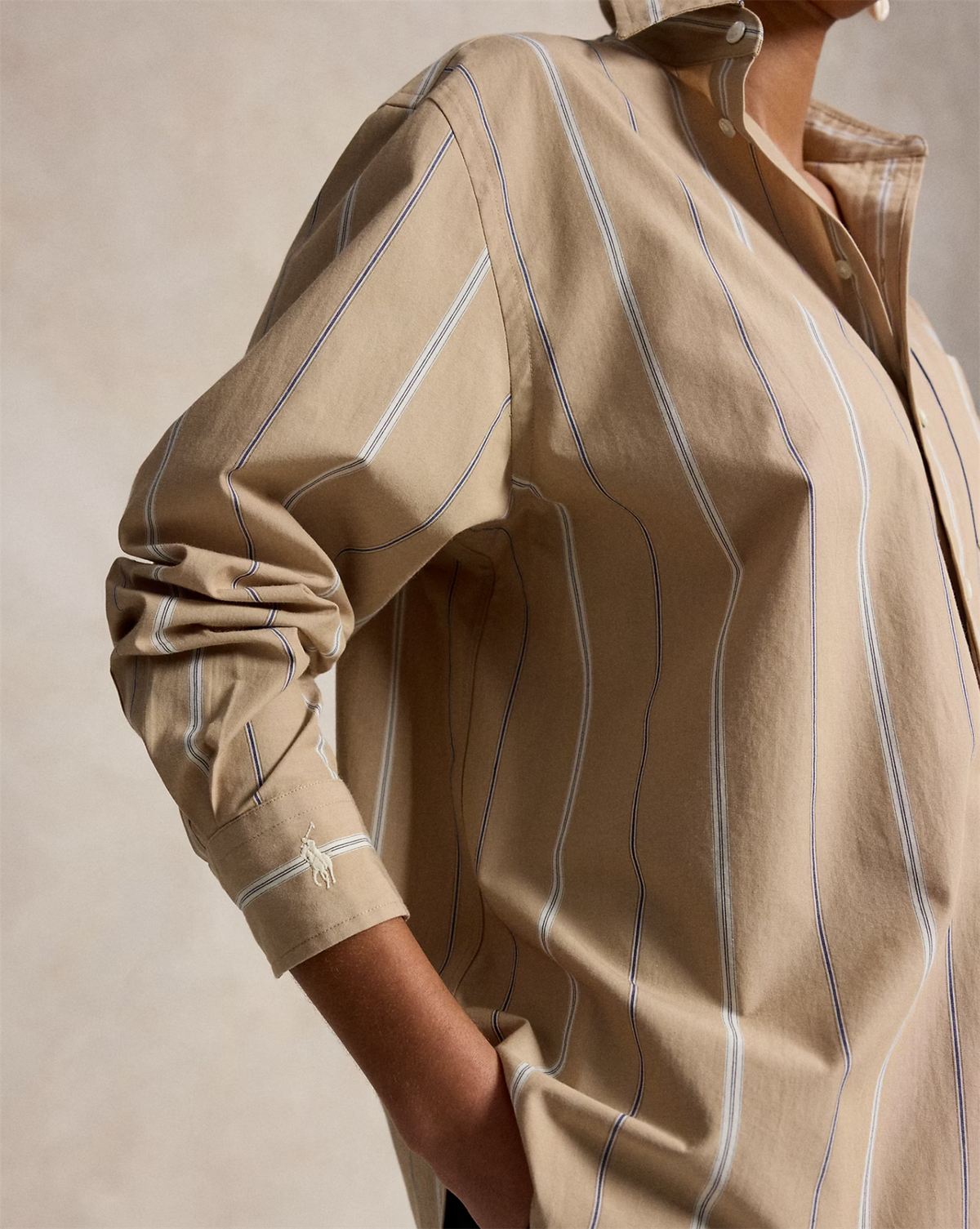Oversized fit striped cotton shirt tan cream