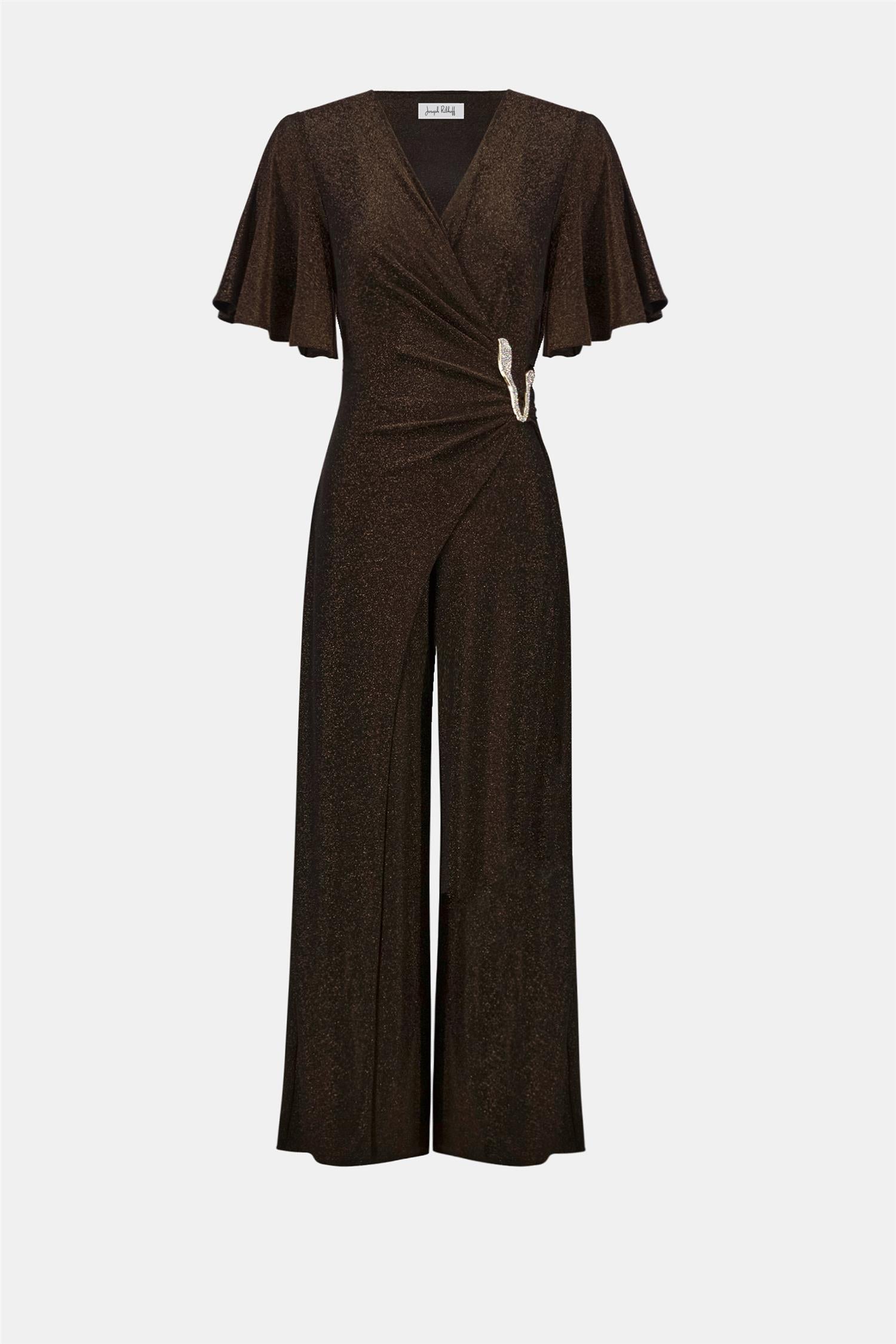 Sparkle Knit Wide Leg Wrap Jumpsuit Bronze