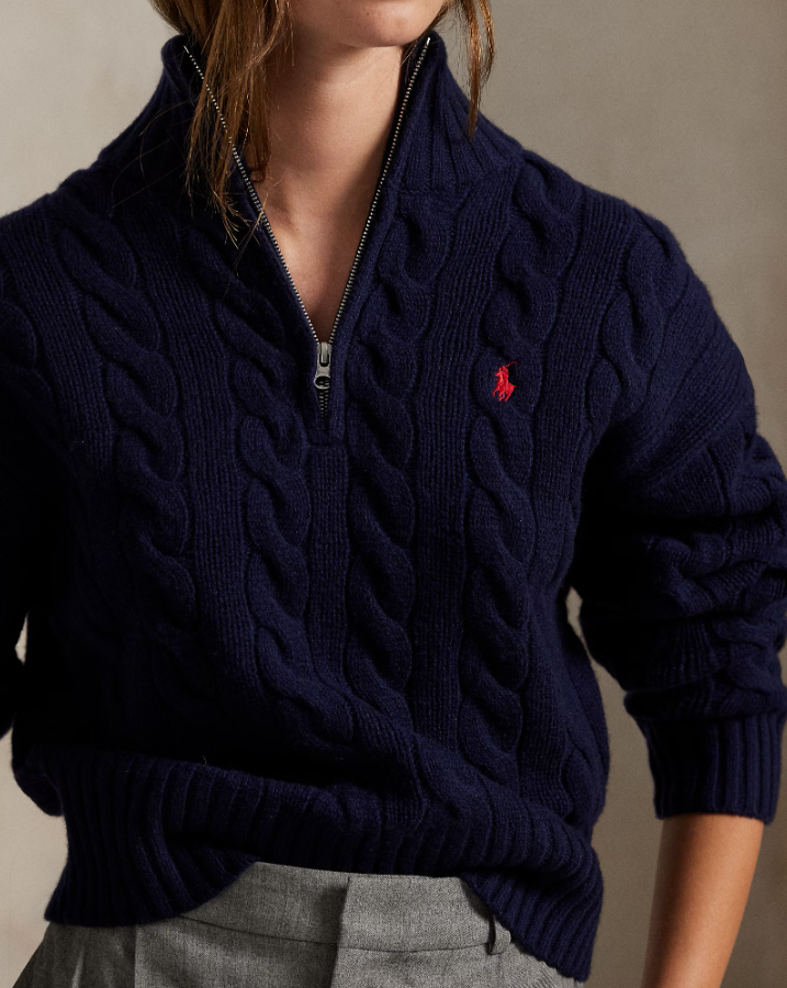 Cable Knit Pullover with Zip Wool Cashmere Navy