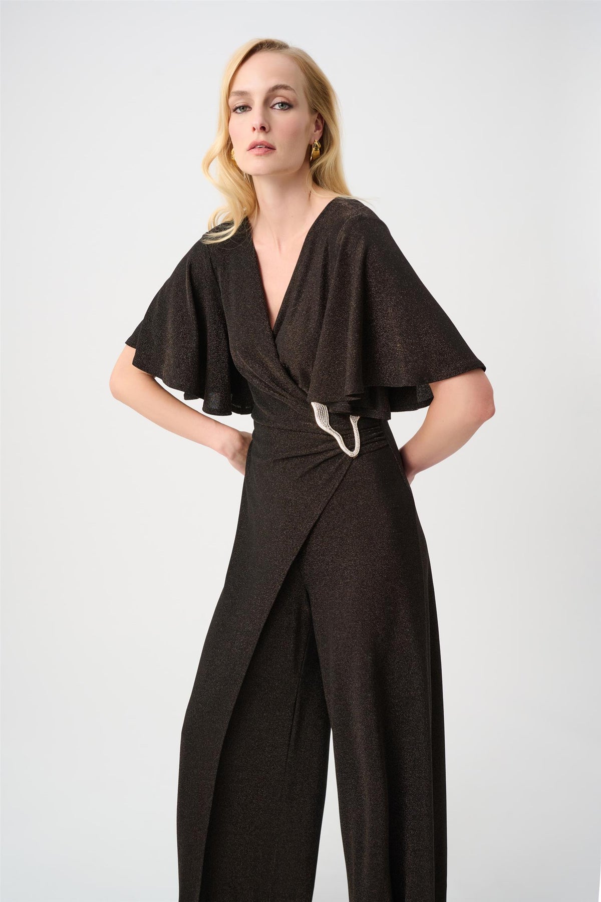Sparkle Knit Wide Leg Wrap Jumpsuit Bronze