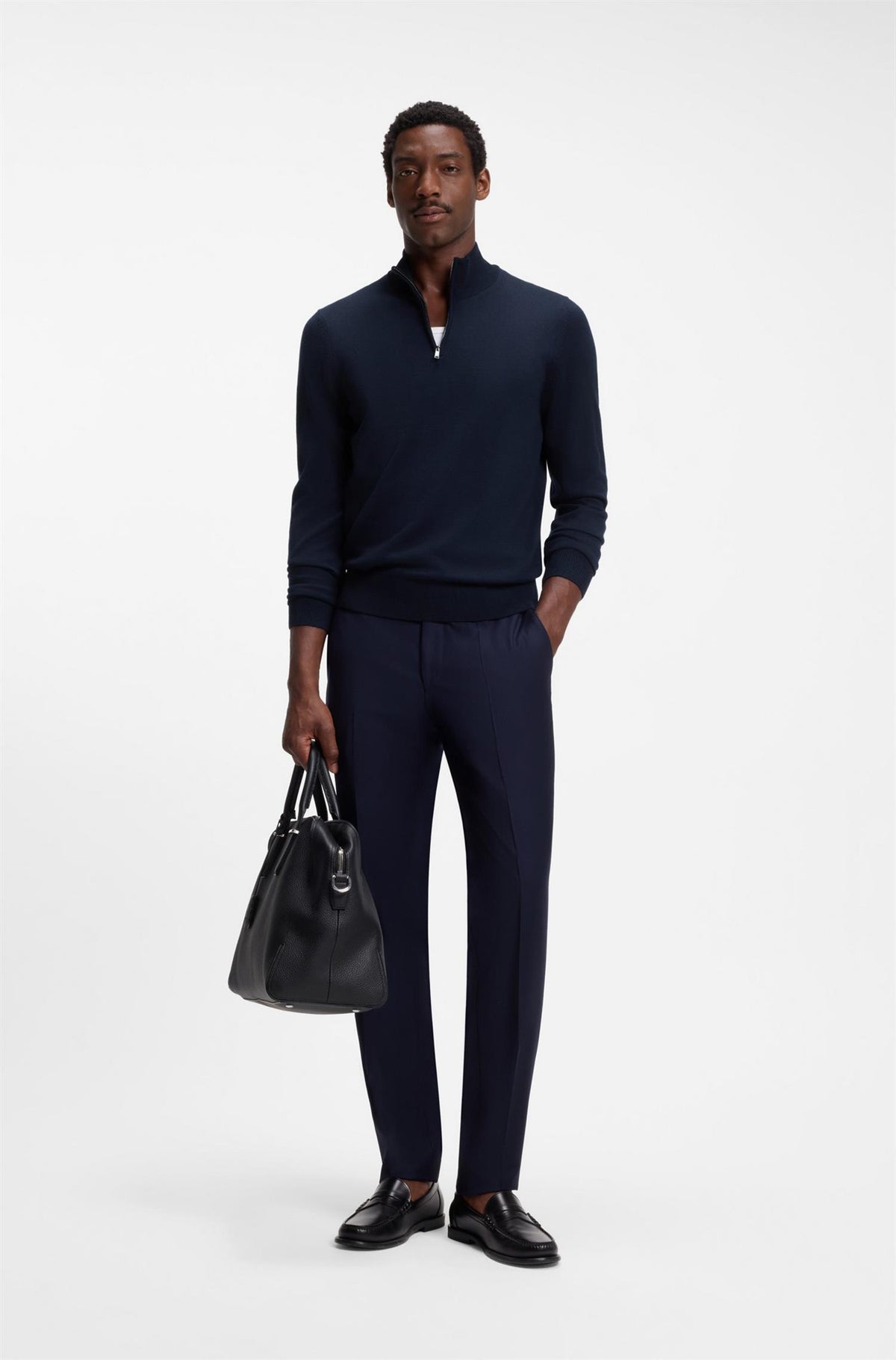 H-Ebenji Merino Wool Zip Sweater  Dark Blue