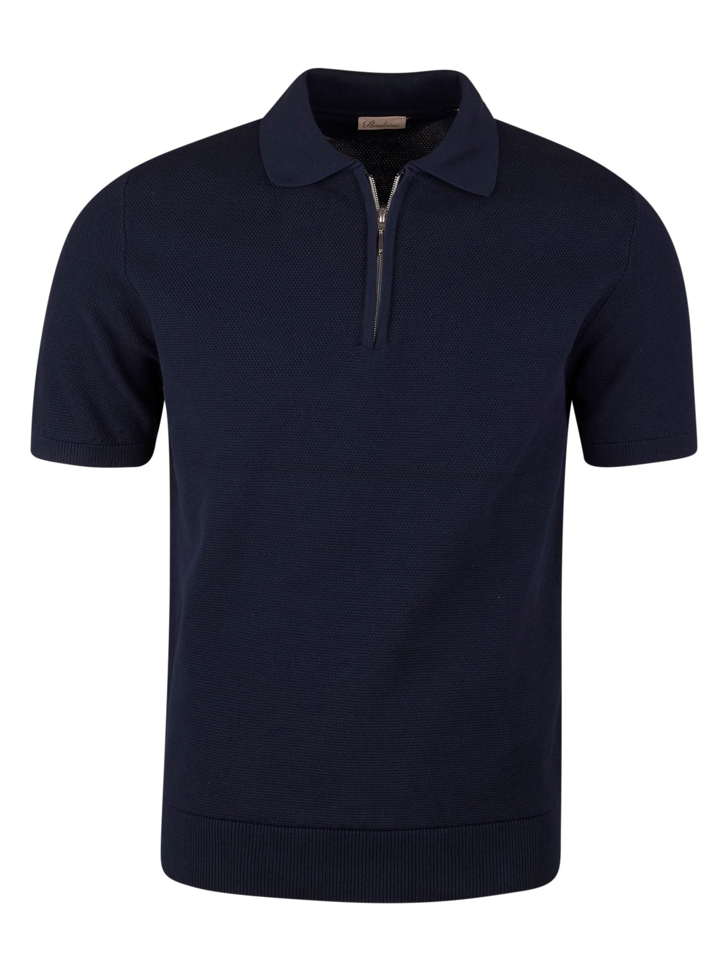 Polo Shirt Knitted Zip Texture Organic Cotton Navy