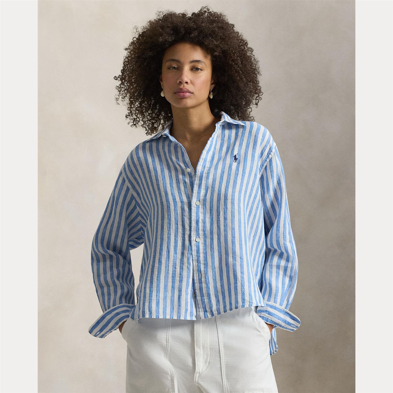 Wide Cropped Striped Linen Shit White Blue Multi