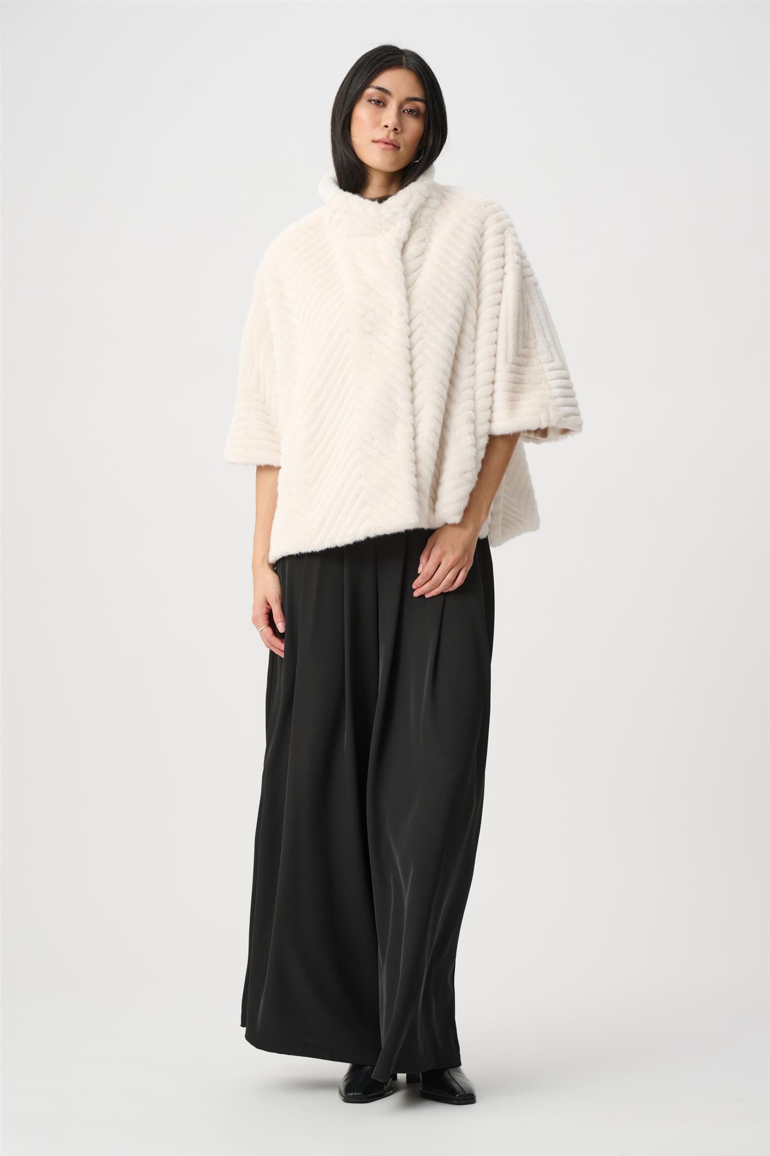 Chevron Faux Fur Cape-Style Jacket Cream