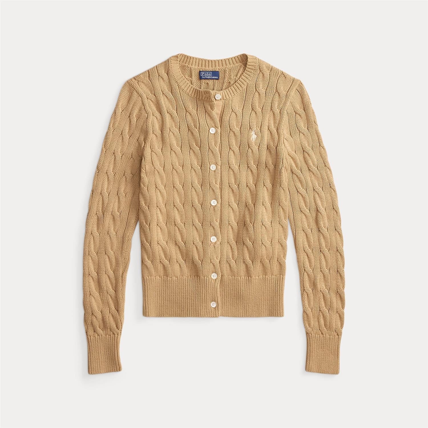 Cotton Cable Knit Long Sleeve Cardigan Khaki