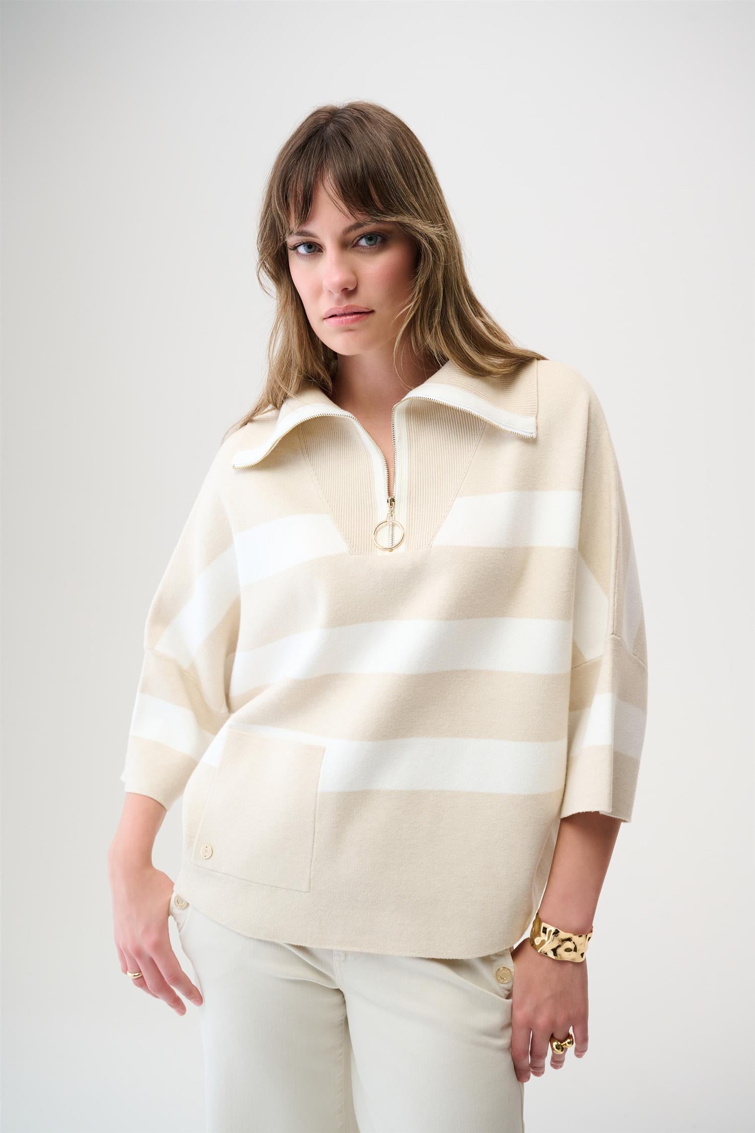 Brushed Visc Stripe Print Boxy Sweater w/Zipped Collar