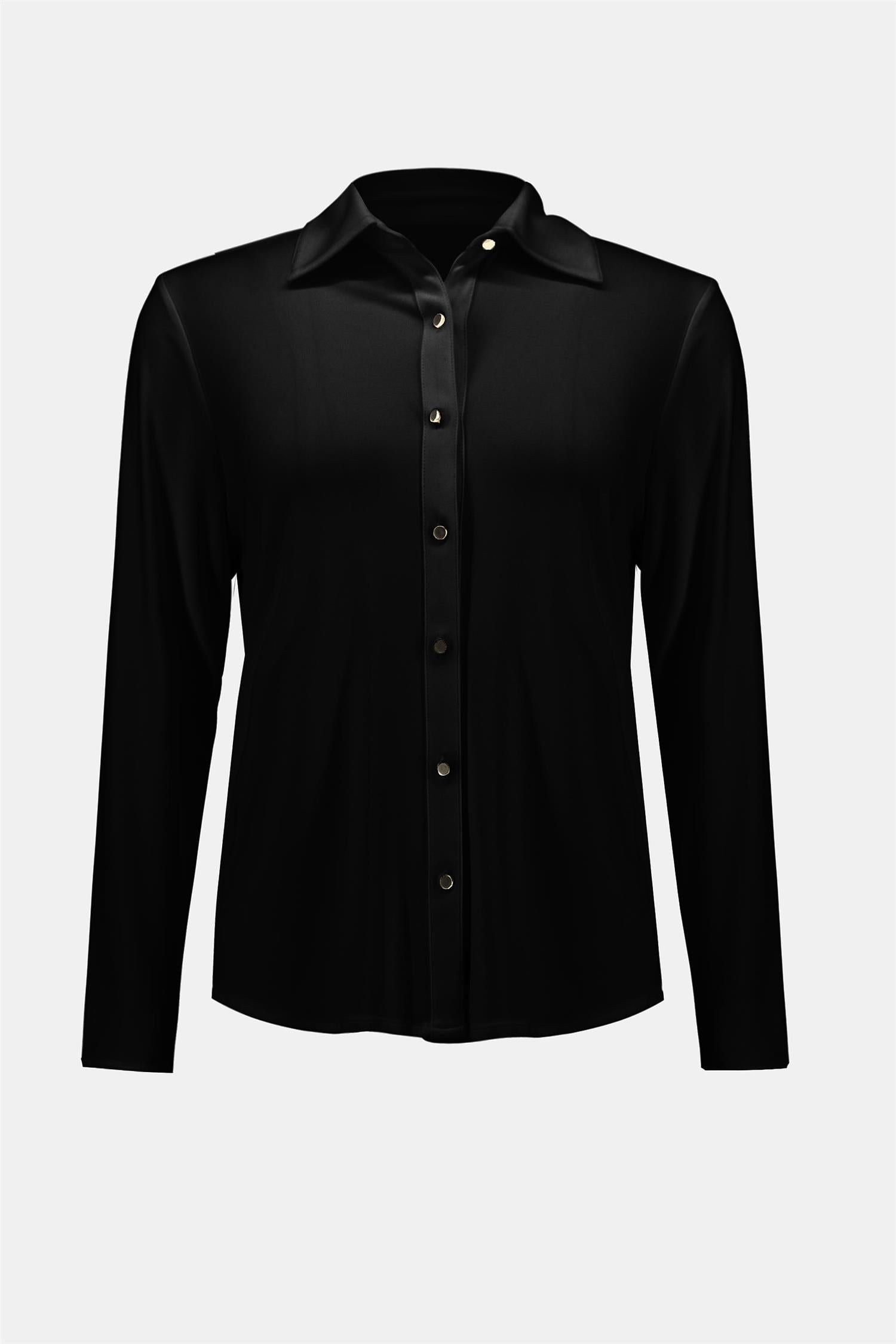 Silky Knit Button-Front Straight Blouse Black