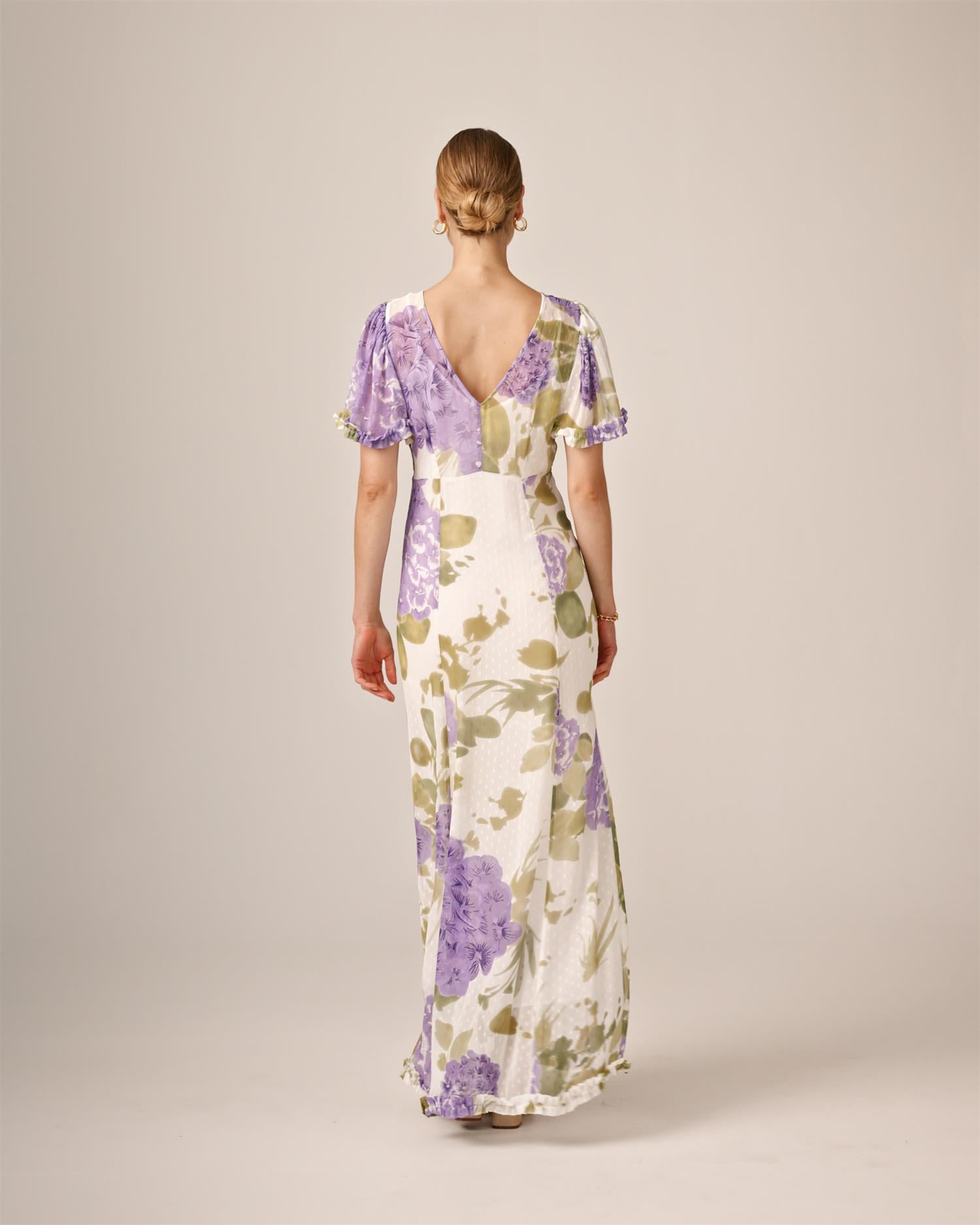 Dotted Georgette Maxi Dress-Purple Flowerfeild
