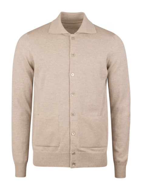Cardigan Knitted W Pockets Merino Wool Light Beige