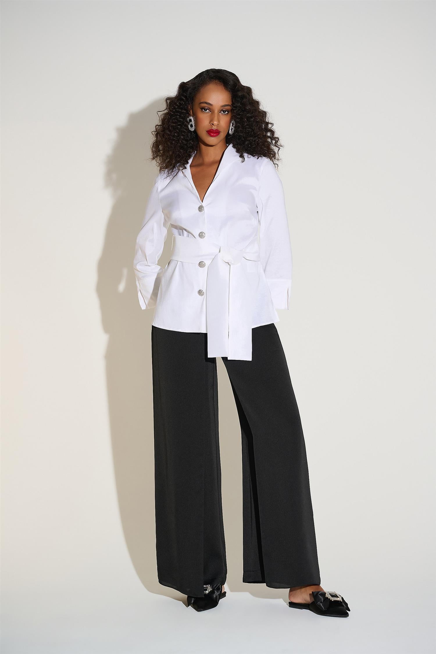 Satin Wide Leg Pants With Front Overlay Black