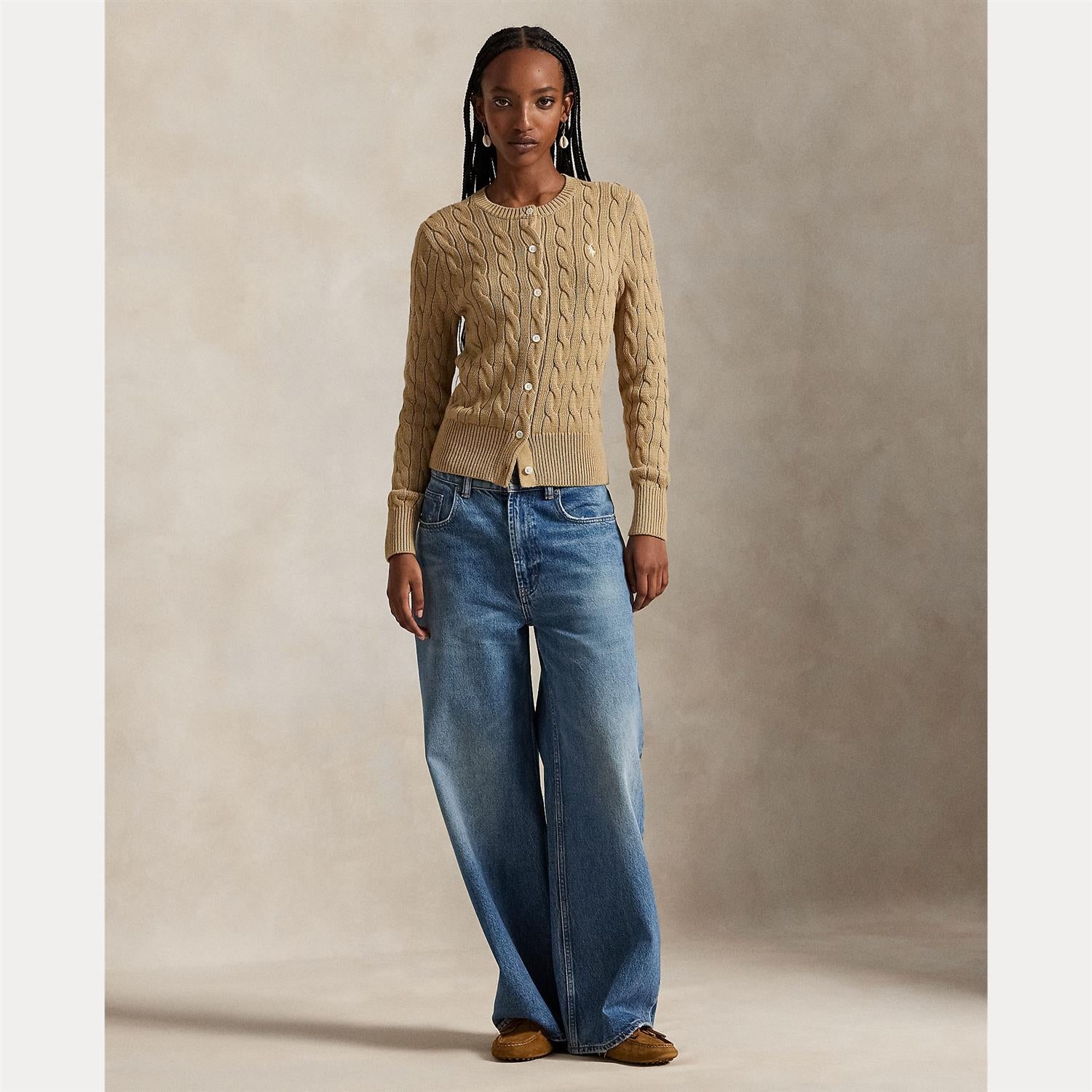 Cotton Cable Knit Long Sleeve Cardigan Khaki